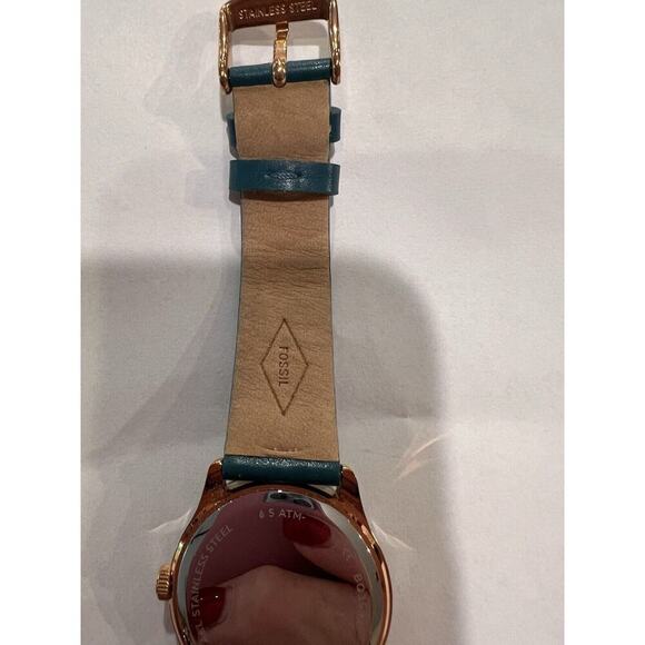 Fossil Adalyn Three Hand Date Ladies Watch Teal Leather Band Rose Gold Dial - Picture 4 of 7
